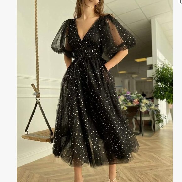 Xijun Women's Sparkly Starry Tulle Puffy Sleeve Prom Dress 8 - Picture 2 of 9